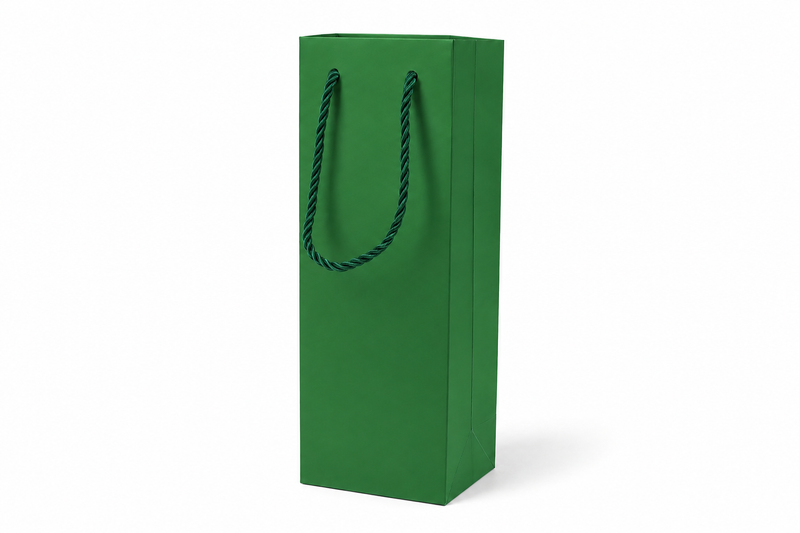 Green tall narrow paper gift tote bag with rope handles, 24 pack