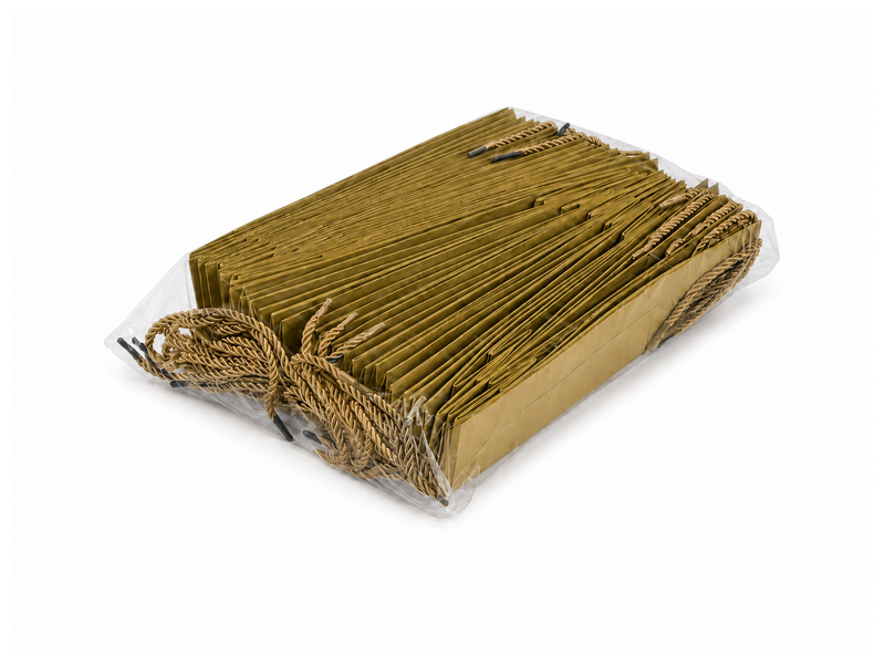 Bulk 24-pack of gold paper gift bags for jewelry retail packaging, 3.25 × 2.75 × 10.75 in
