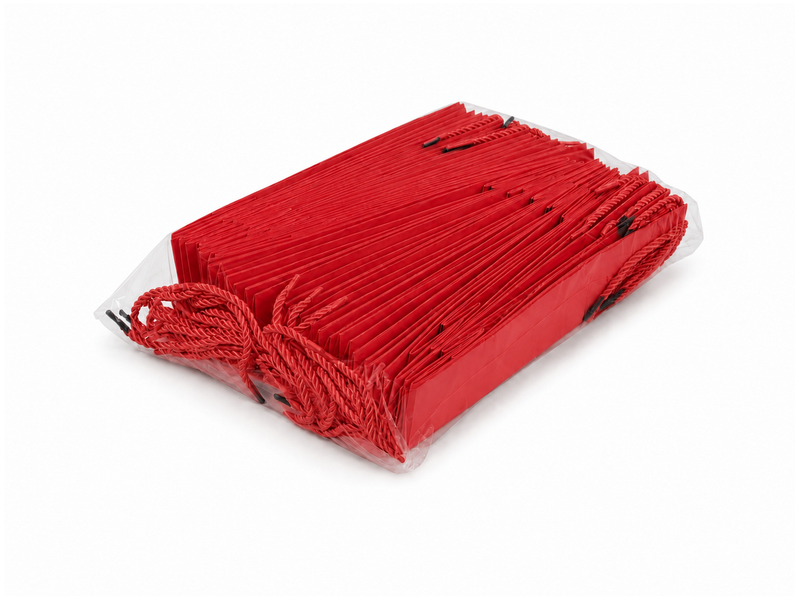 Bulk 24-pack of red paper gift bags for jewelry retail packaging, 3.25 × 2.75 × 10.75 in