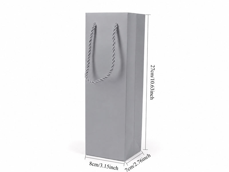 Dimensions for silver tall narrow paper tote gift bag: 3.25 × 2.75 × 10.75 in