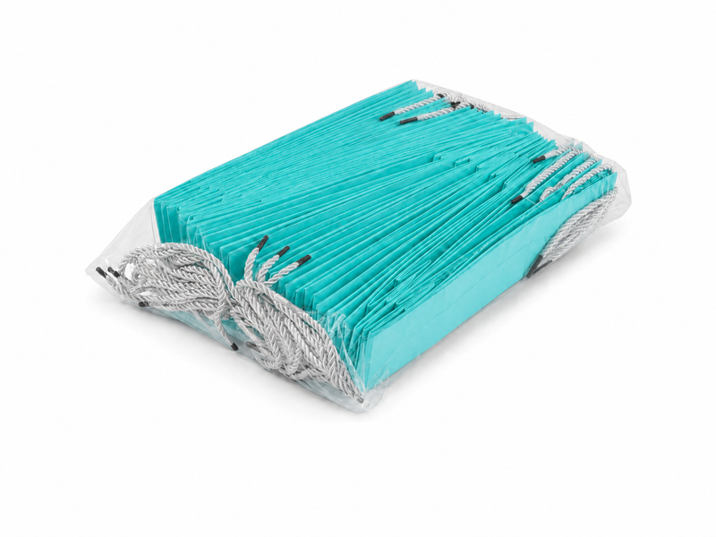 Bulk 24-pack of tiffany blue paper gift bags for jewelry retail packaging, 3.25 × 2.75 × 10.75 in