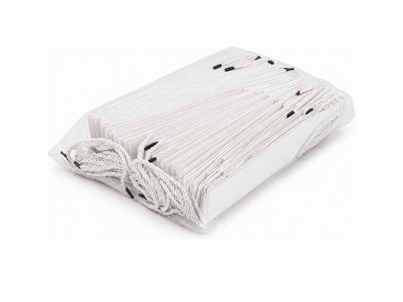Bulk 24-pack of white paper gift bags for jewelry retail packaging, 3.25 × 2.75 × 10.75 in