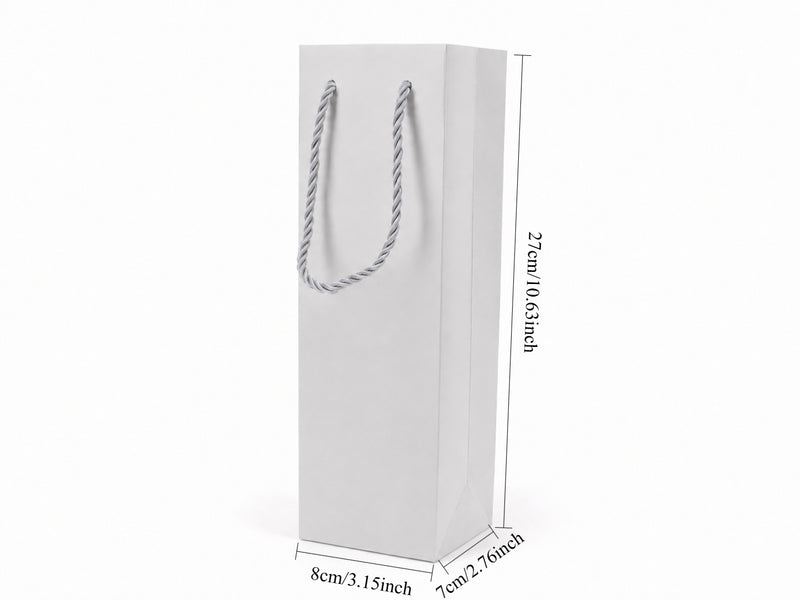 Dimensions for white tall narrow paper tote gift bag: 3.25 × 2.75 × 10.75 in