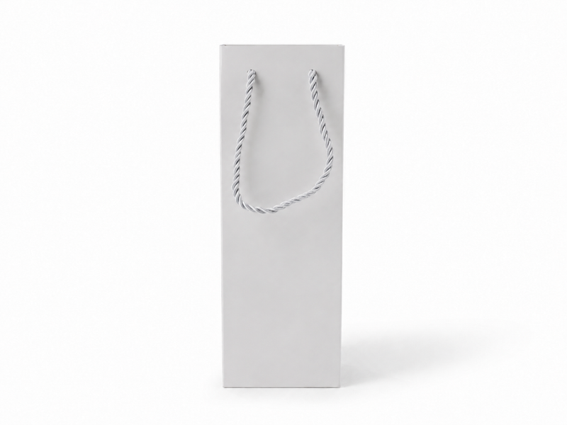 Front view of white jewelry store gift tote bag with rope handles, 3.25 × 2.75 × 10.75 in