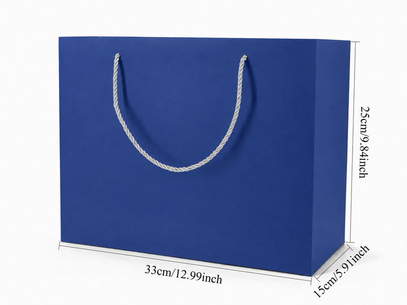 Dimensions for blue extra-large landscape paper tote gift bag: 13 × 6 × 9.75 in