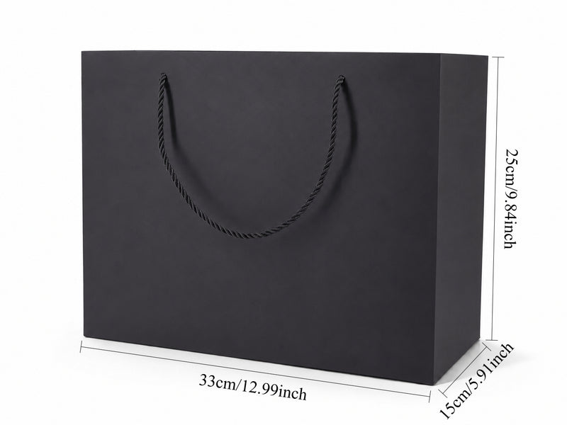 Dimensions for black extra-large landscape paper tote gift bag: 13 × 6 × 9.75 in