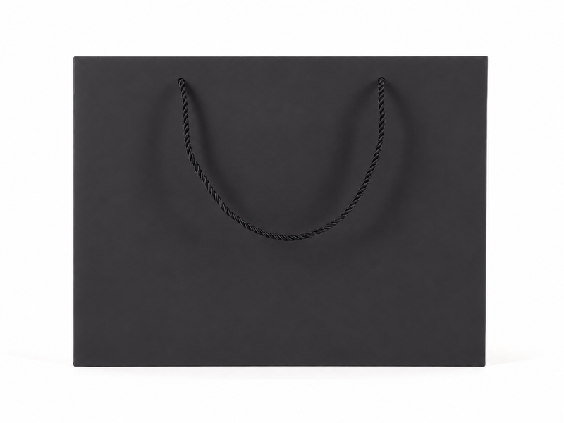 Front view of black jewelry store gift tote bag with rope handles, 13 × 6 × 9.75 in