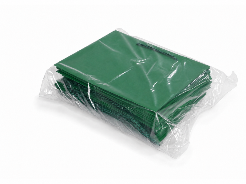 Bulk 24-pack of green paper gift bags for jewelry retail packaging, 13 × 6 × 9.75 in