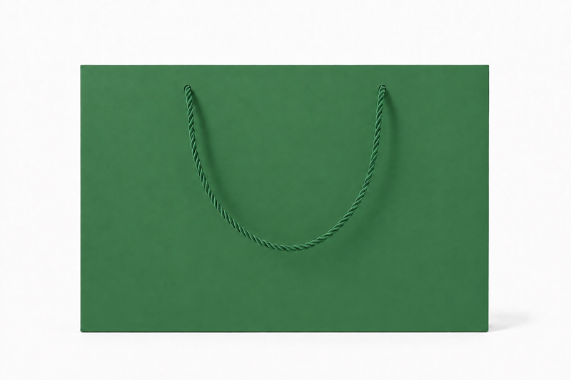 Front view of green jewelry store gift tote bag with rope handles, 13 × 6 × 9.75 in