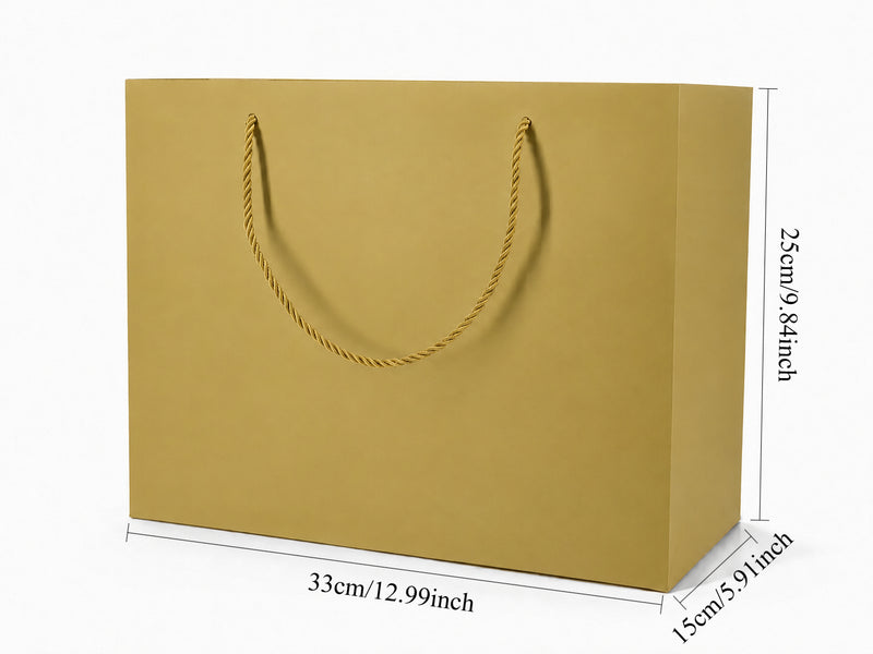 Dimensions for gold extra-large landscape paper tote gift bag: 13 × 6 × 9.75 in