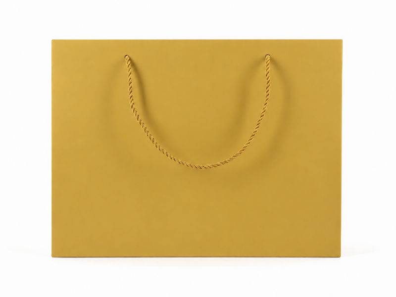 Front view of gold jewelry store gift tote bag with rope handles, 13 × 6 × 9.75 in