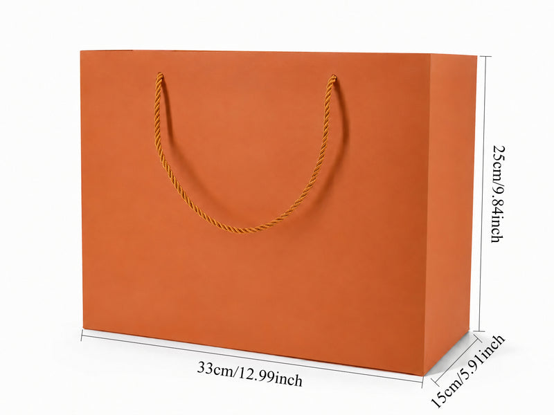 Dimensions for orange extra-large landscape paper tote gift bag: 13 × 6 × 9.75 in