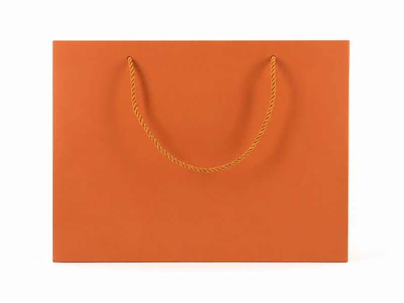 Front view of orange jewelry store gift tote bag with rope handles, 13 × 6 × 9.75 in