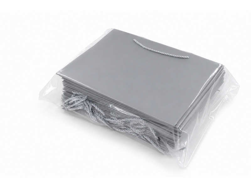 Bulk 24-pack of silver paper gift bags for jewelry retail packaging, 13 × 6 × 9.75 in