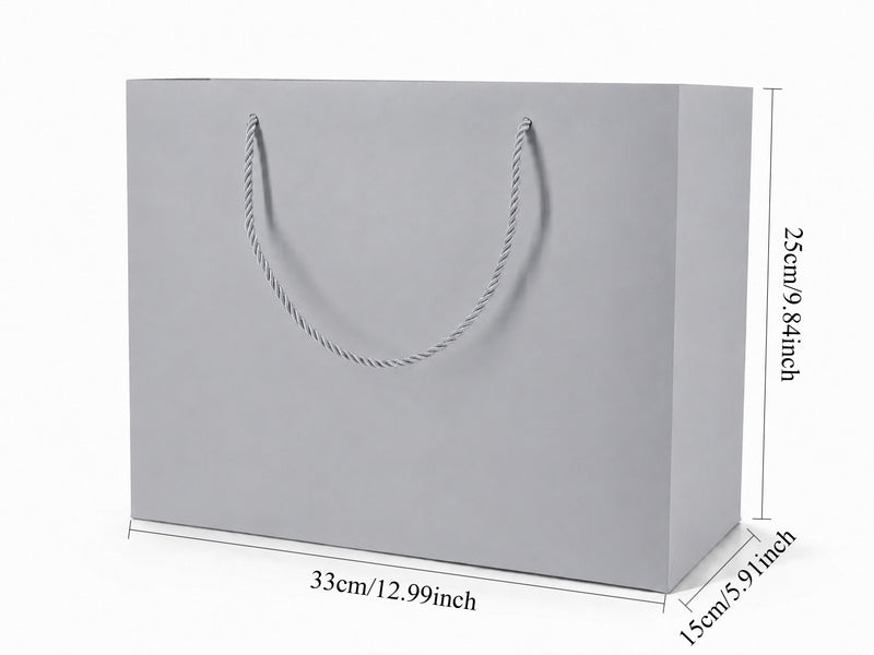 Dimensions for silver extra-large landscape paper tote gift bag: 13 × 6 × 9.75 in