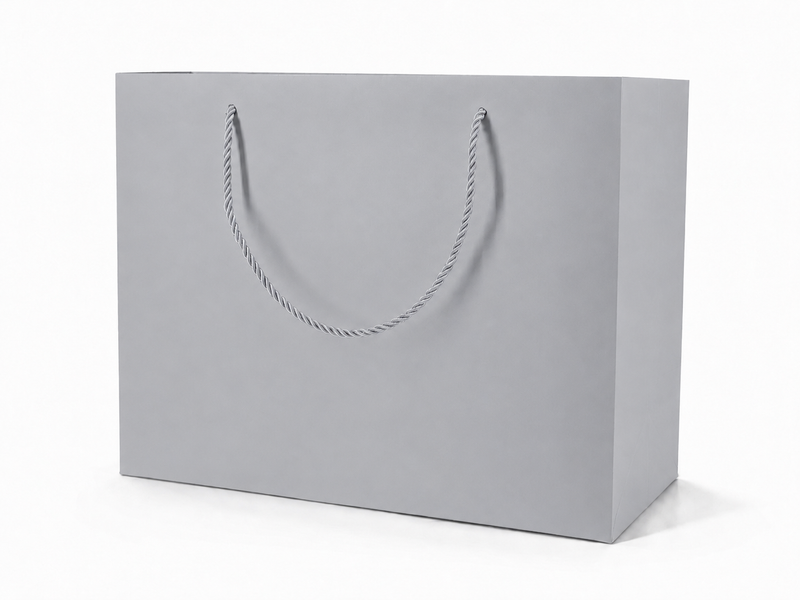 Front view of silver jewelry store gift tote bag with rope handles, 13 × 6 × 9.75 in