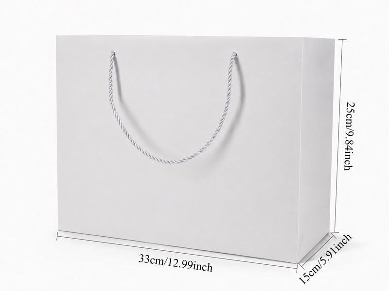 Dimensions for white extra-large landscape paper tote gift bag: 13 × 6 × 9.75 in