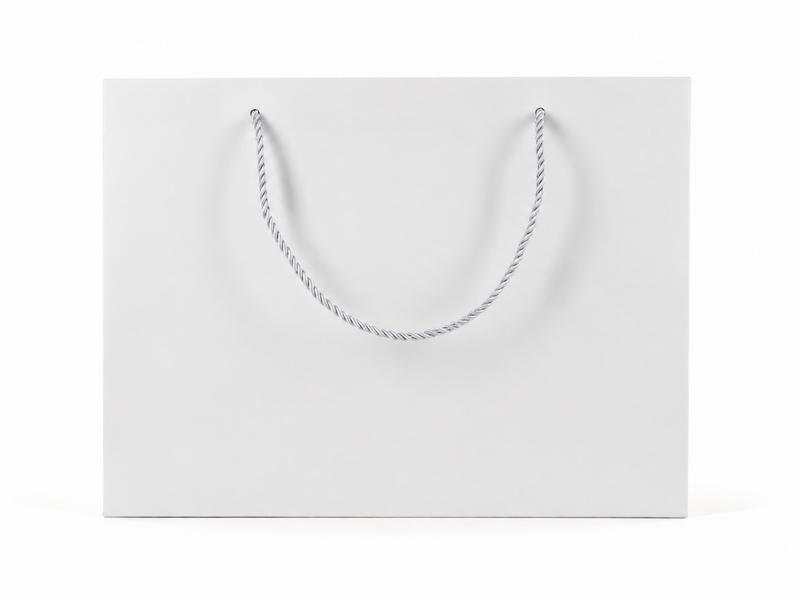 Front view of white jewelry store gift tote bag with rope handles, 13 × 6 × 9.75 in