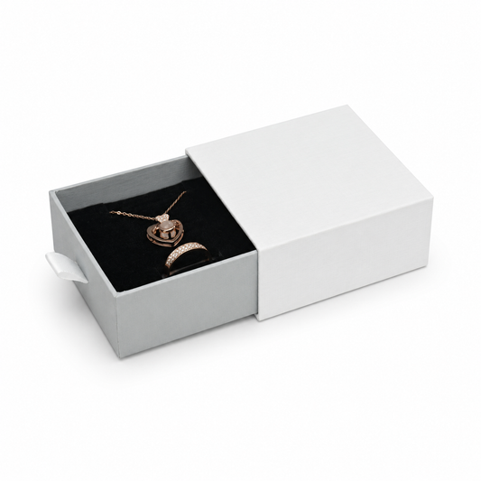 Silver sliding drawer jewelry box for rings, earrings, studs, pendants and compact necklaces — main product view.