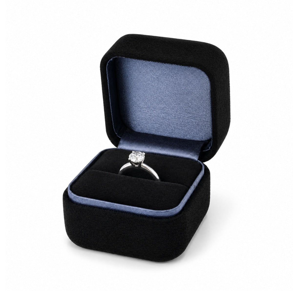 Small Black Metal Velvet Ring Boxes open with ring, three-quarter view.