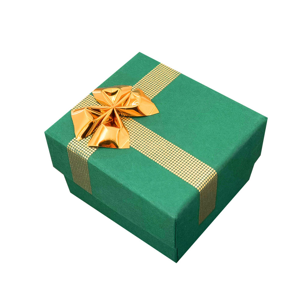 Green ribbon paper ring jewelry gift box, closed angle view
