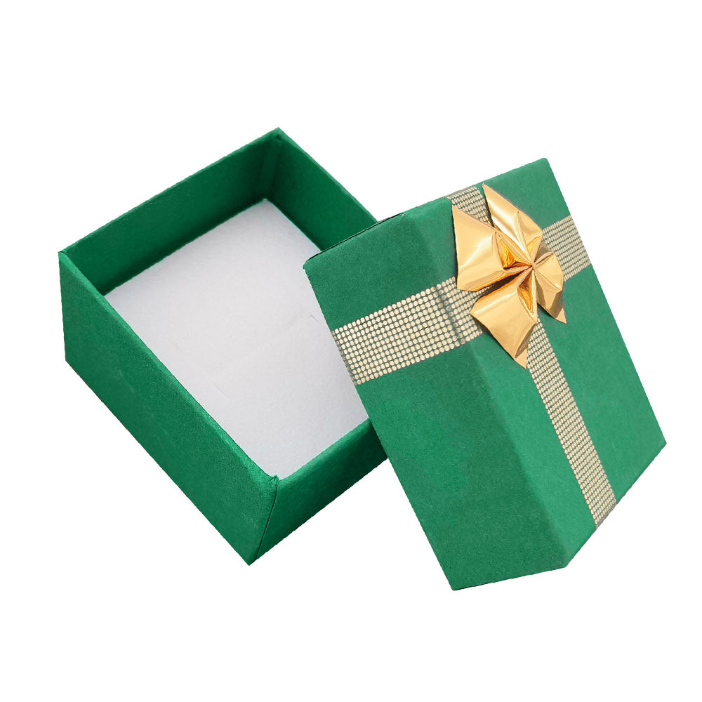 Green ribbon paper ring jewelry gift box, open interior view