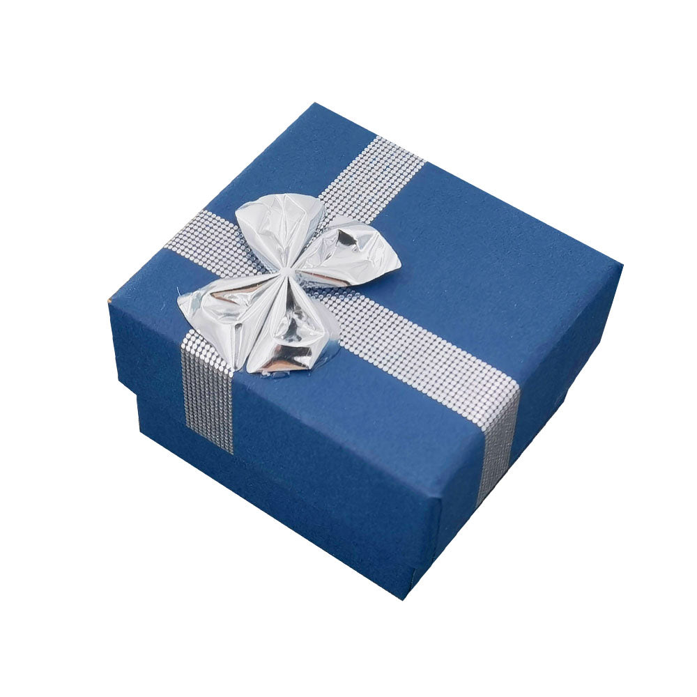 Navy Blue ribbon paper ring jewelry gift box, closed angle view