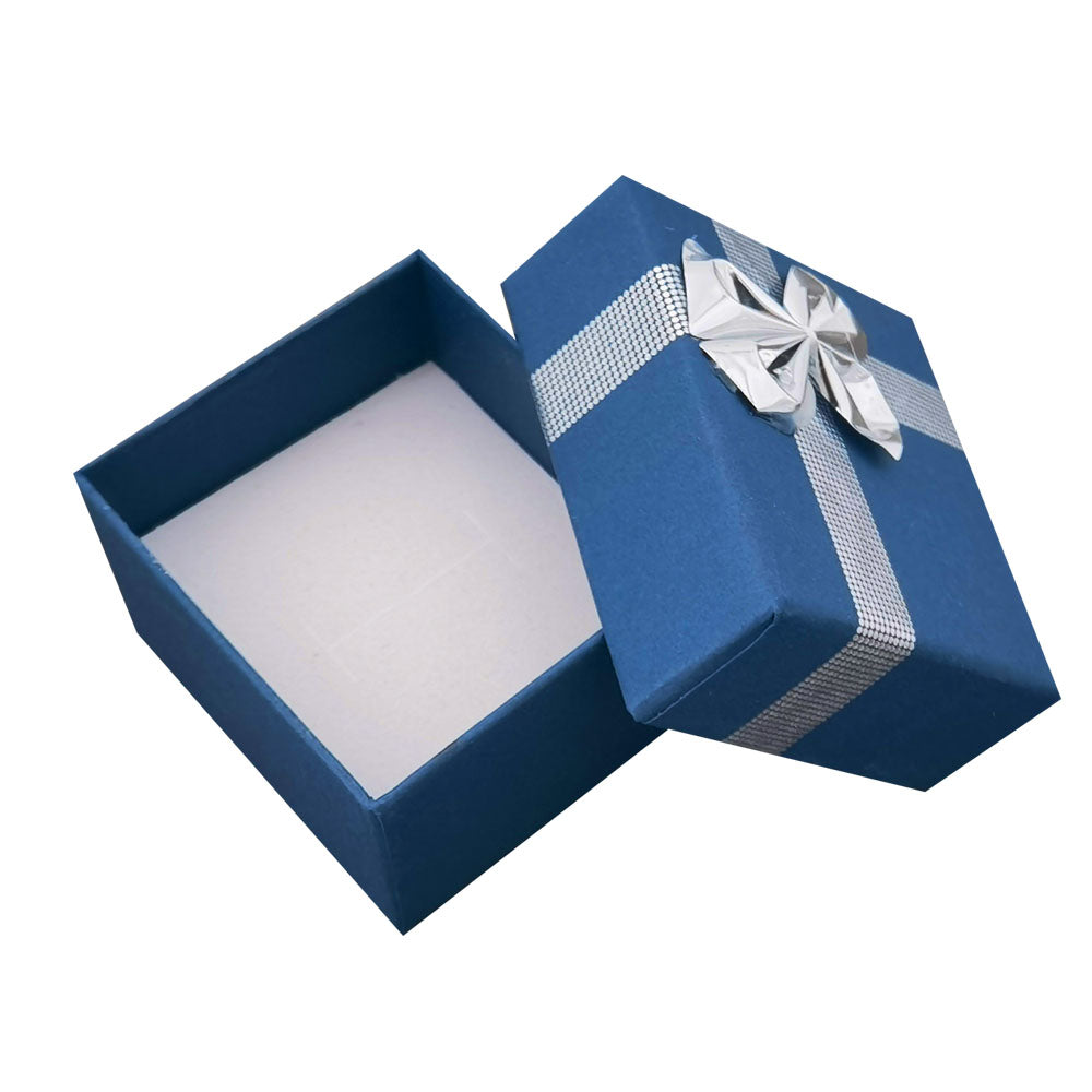 Navy Blue ribbon paper ring jewelry gift box, open interior view