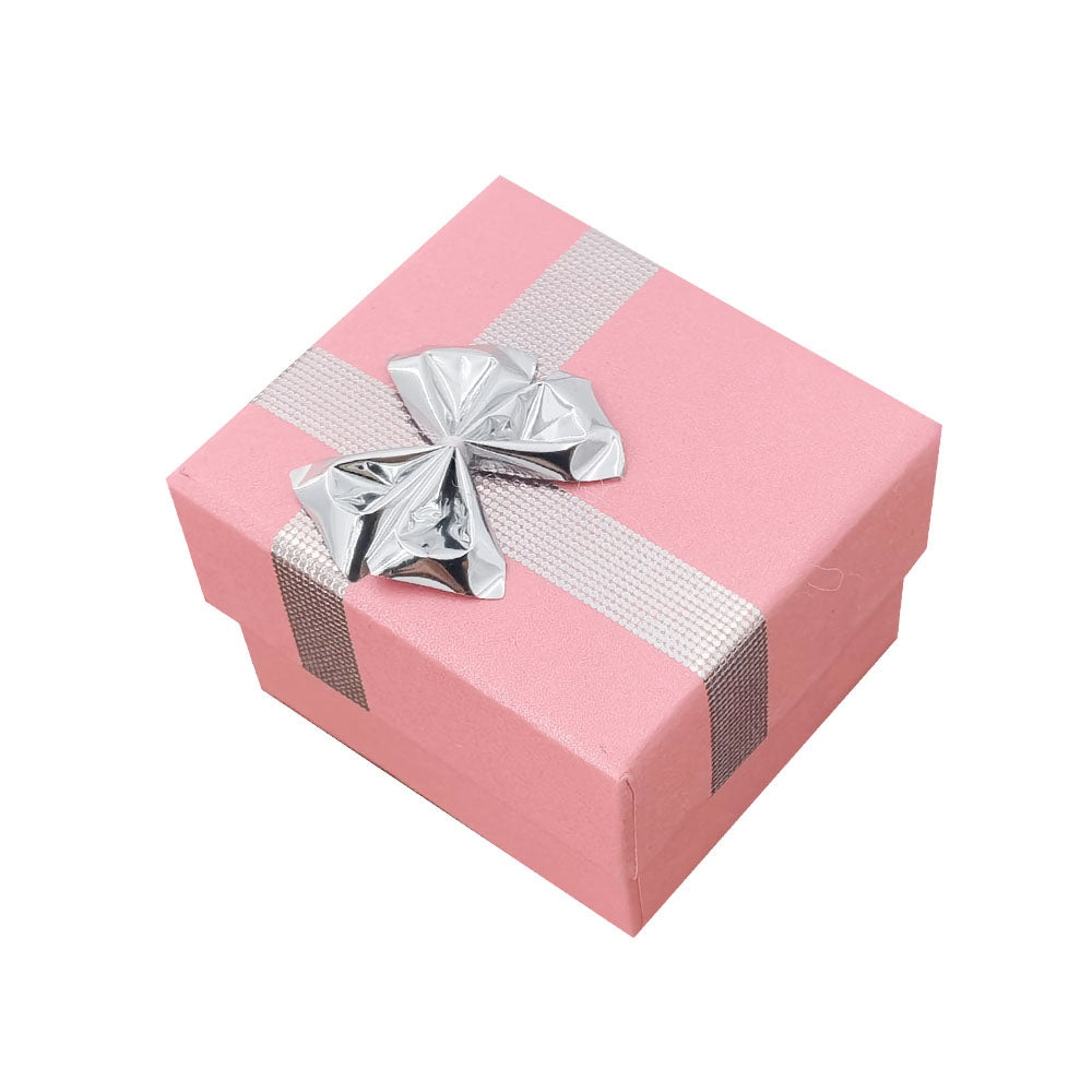 Pink ribbon paper ring jewelry gift box, closed angle view