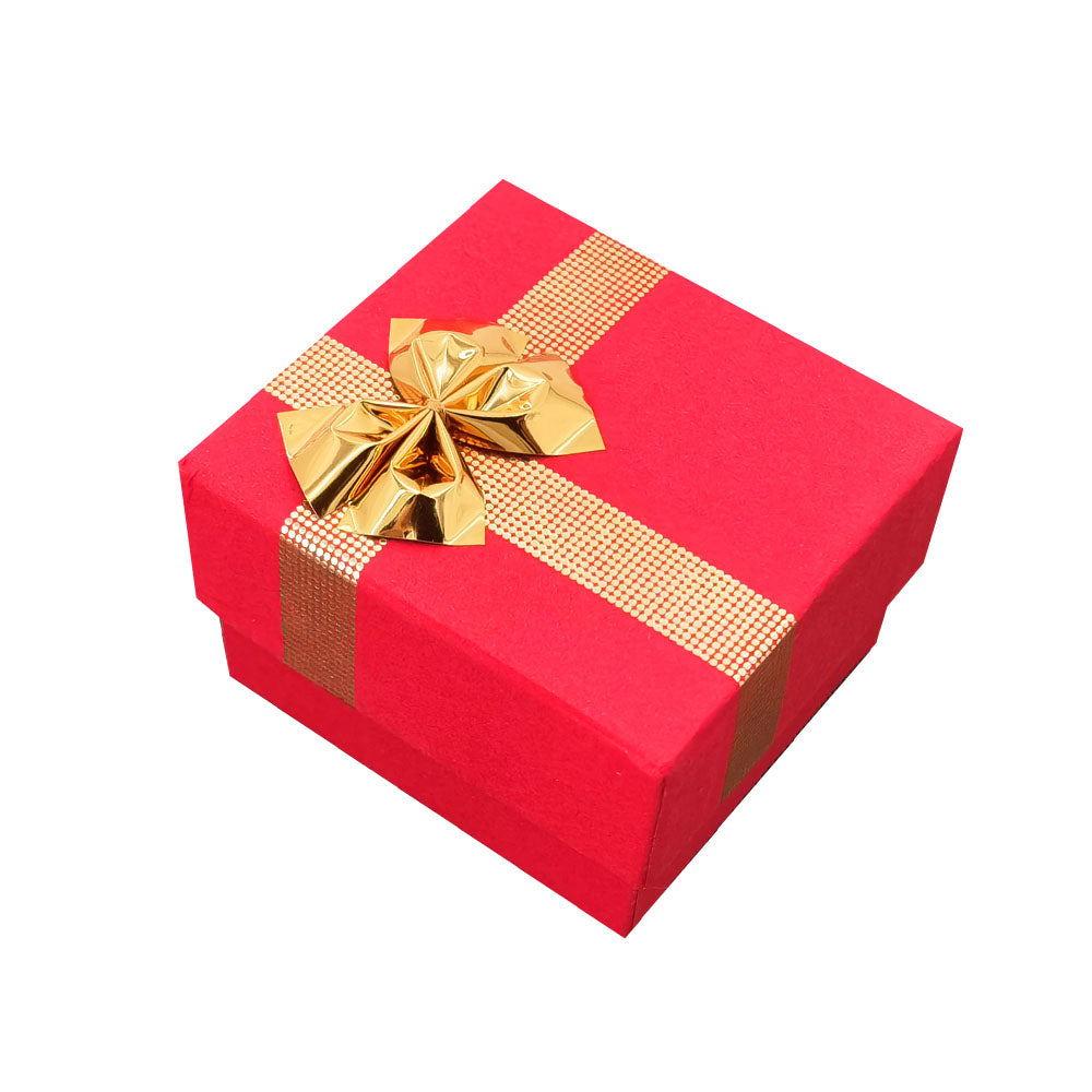 Red ribbon paper ring jewelry gift box, closed angle view