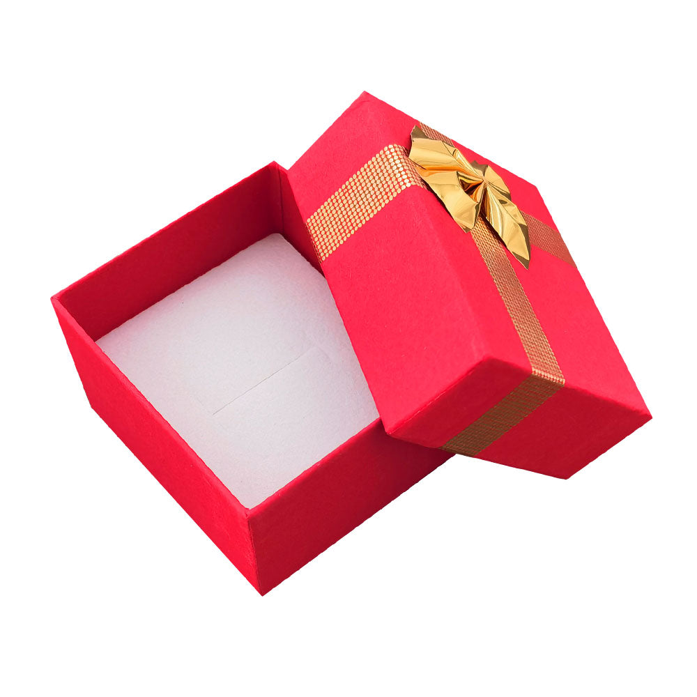 Red ribbon paper ring jewelry gift box, open interior view