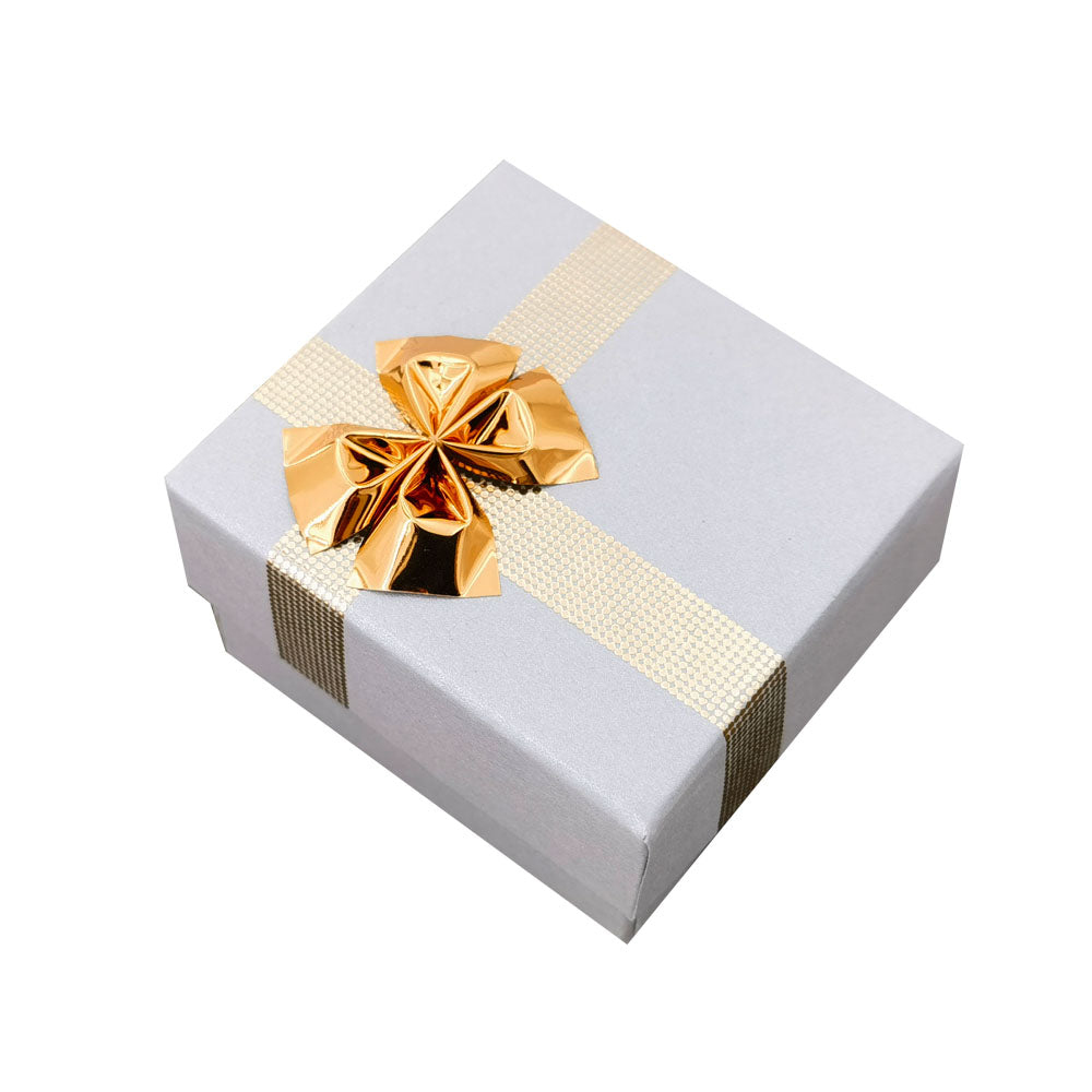 Silver Gray ribbon paper ring jewelry gift box, closed angle view