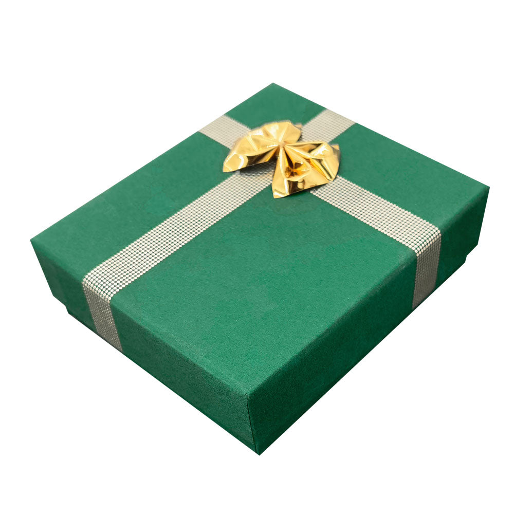 Green ribbon paper pendant jewelry gift box, closed angle view