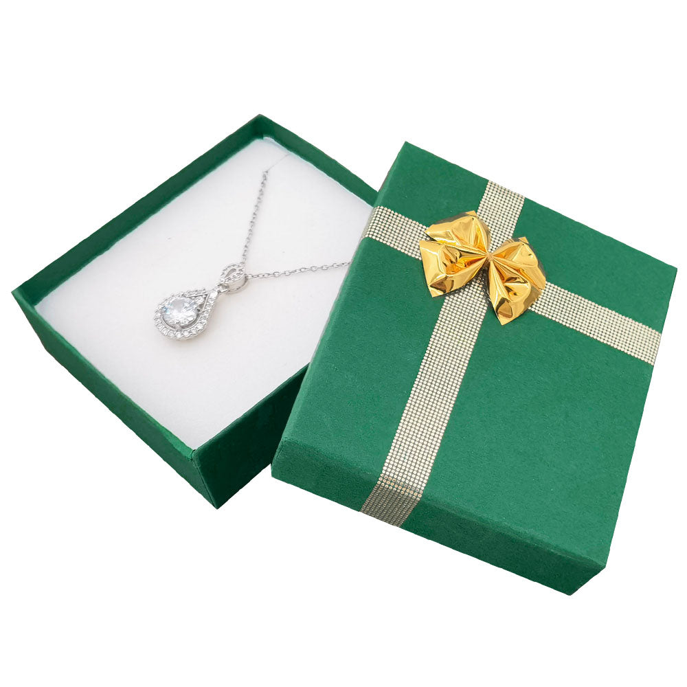 Green ribbon paper pendant jewelry gift box, open interior view