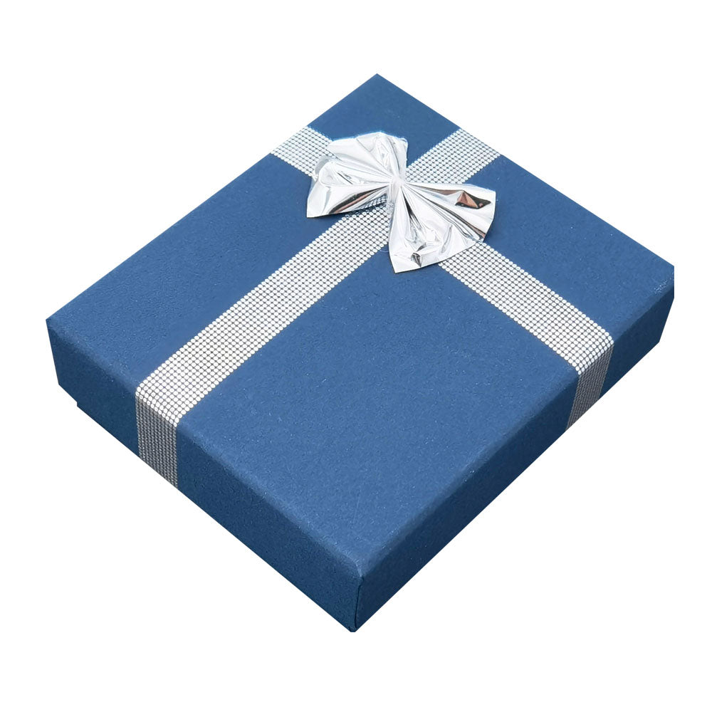 Navy Blue ribbon paper pendant jewelry gift box, closed angle view
