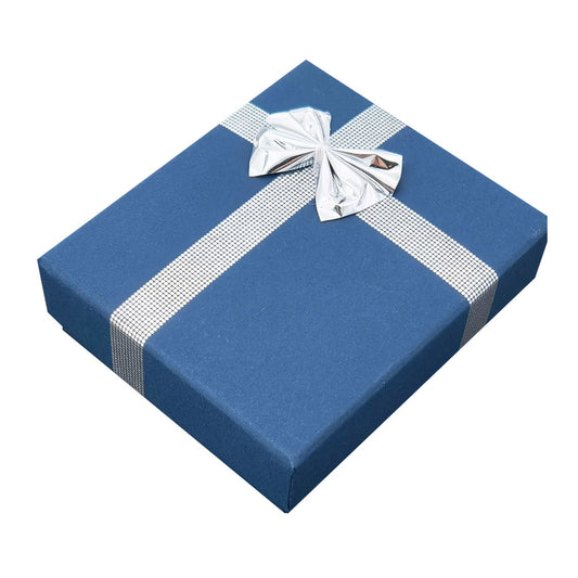 Navy Blue ribbon paper pendant jewelry gift box, closed angle view