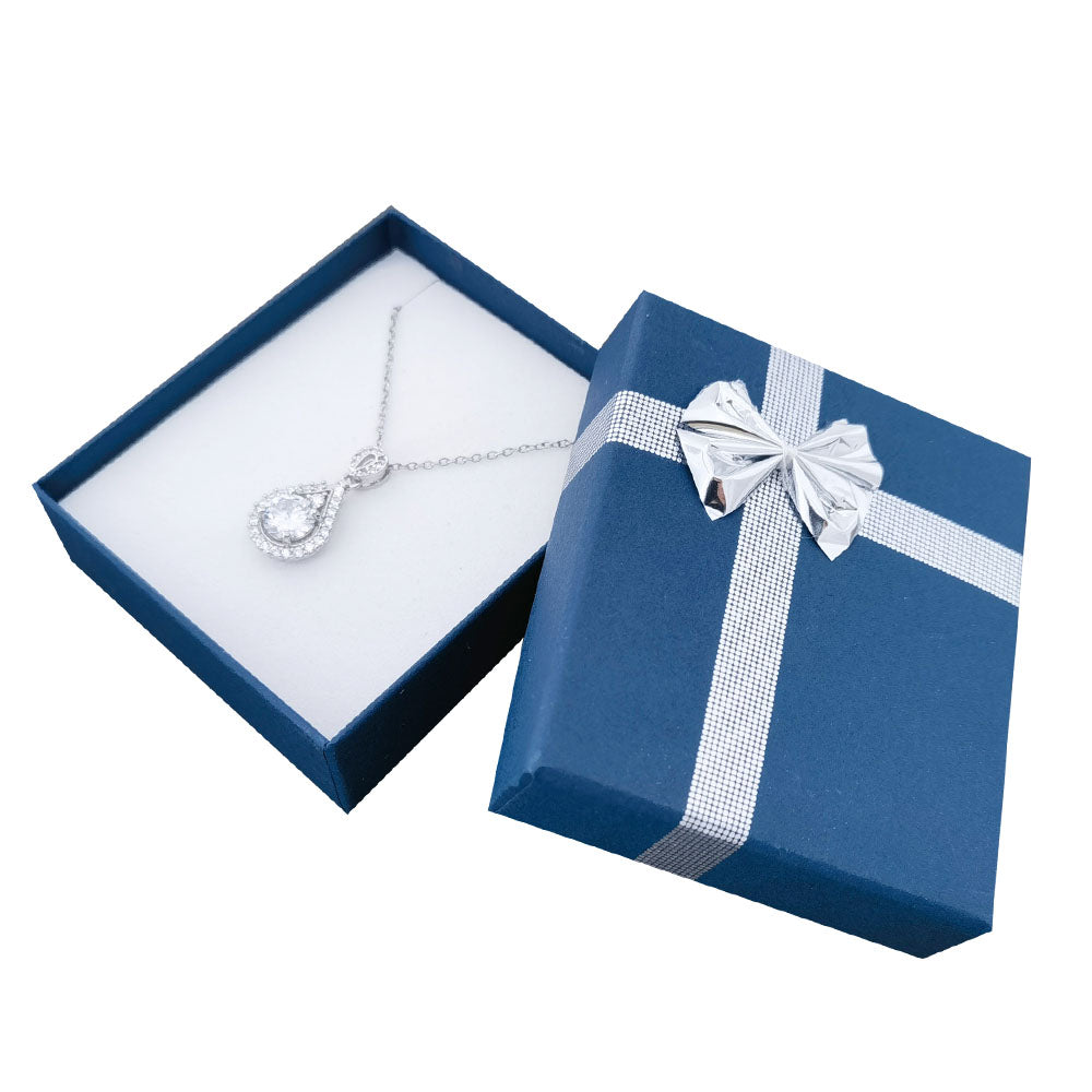 Navy Blue ribbon paper pendant jewelry gift box, open interior view