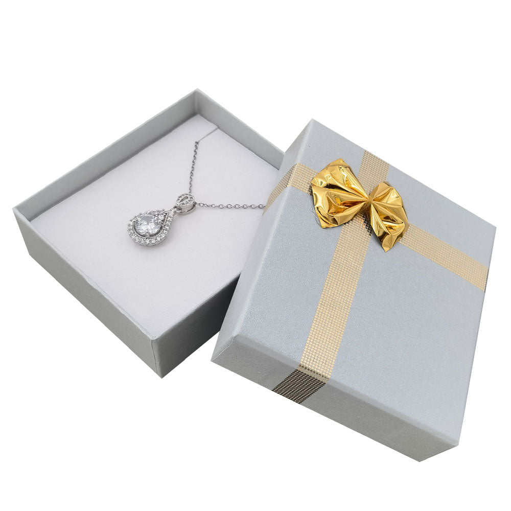 Silver Gray ribbon paper pendant jewelry gift box, open interior view
