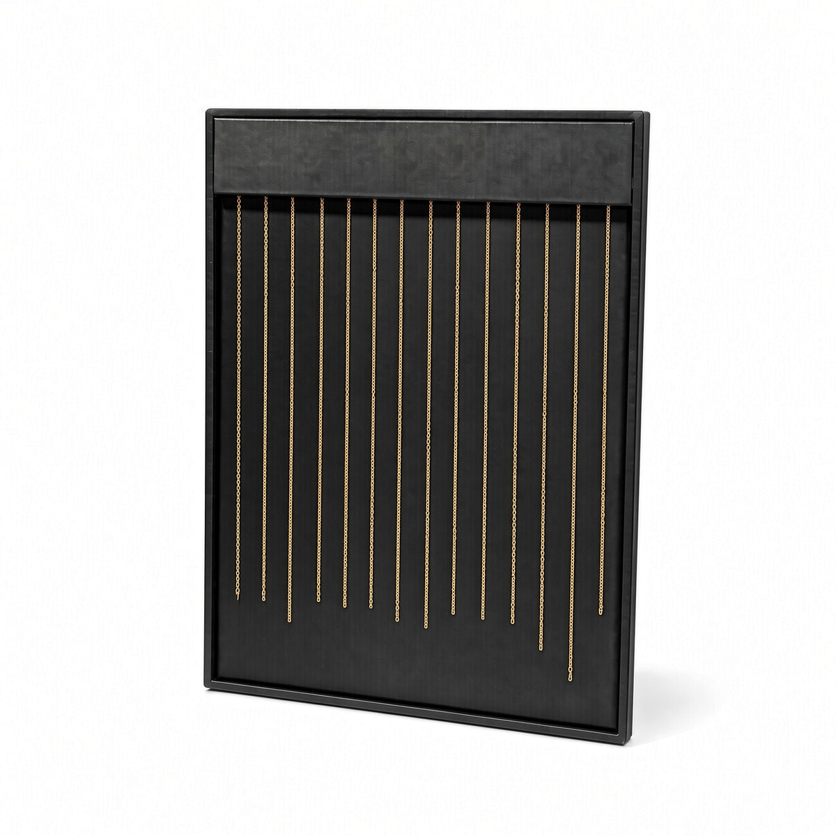 Black necklace display board upright with chains