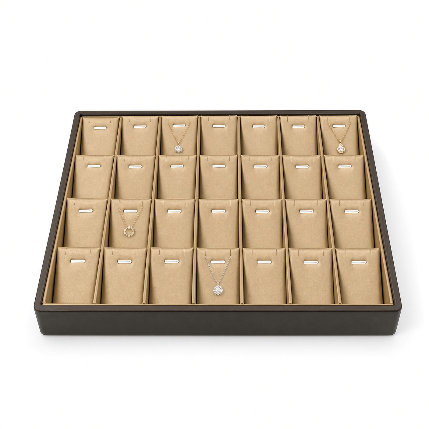 Champagne gold 28-slot pendant necklace display tray, front view