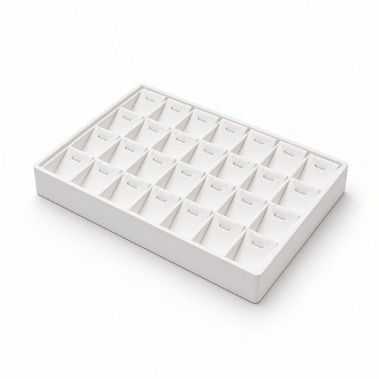 White 28-slot pendant necklace display tray empty angled view