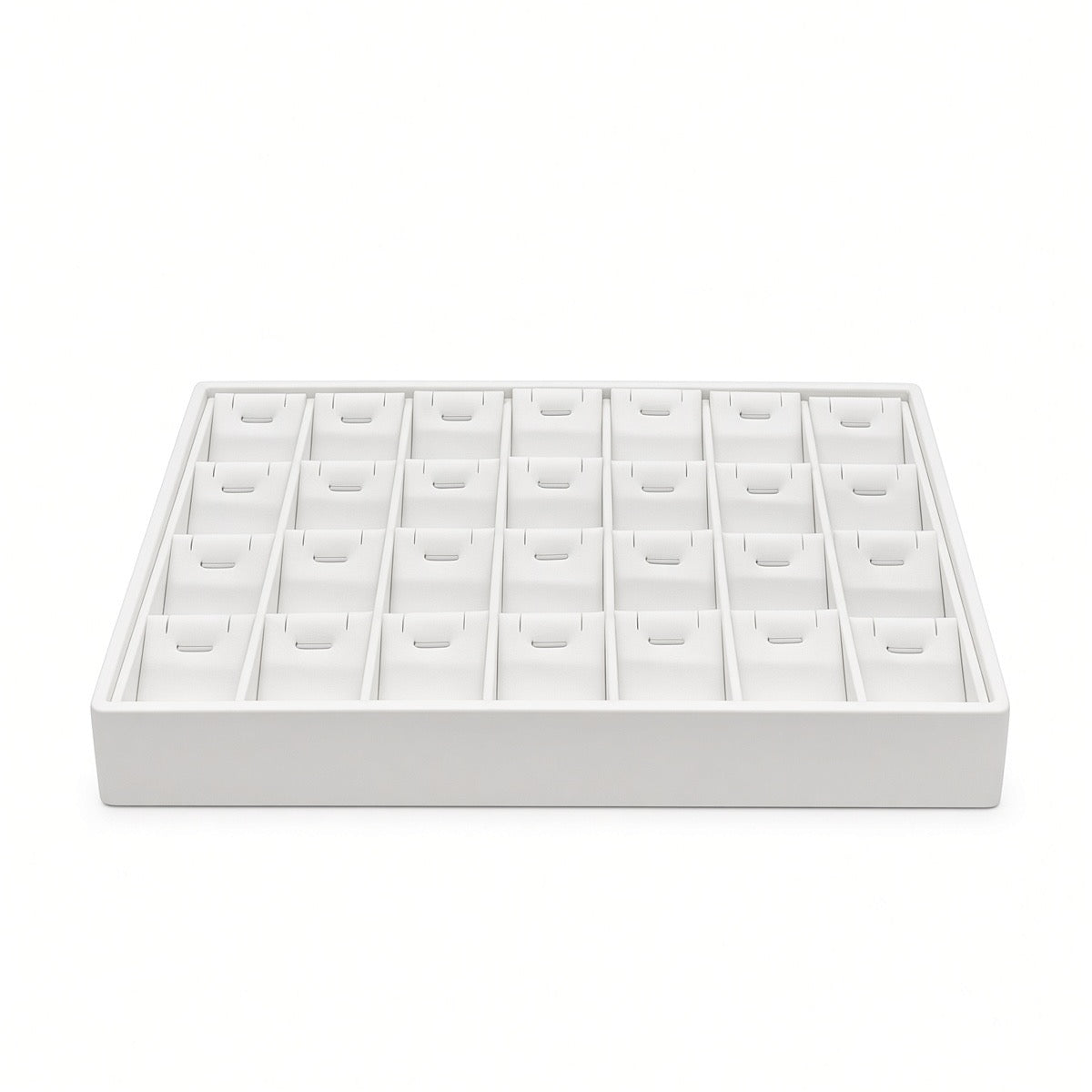 White 28-slot pendant necklace display tray empty front view