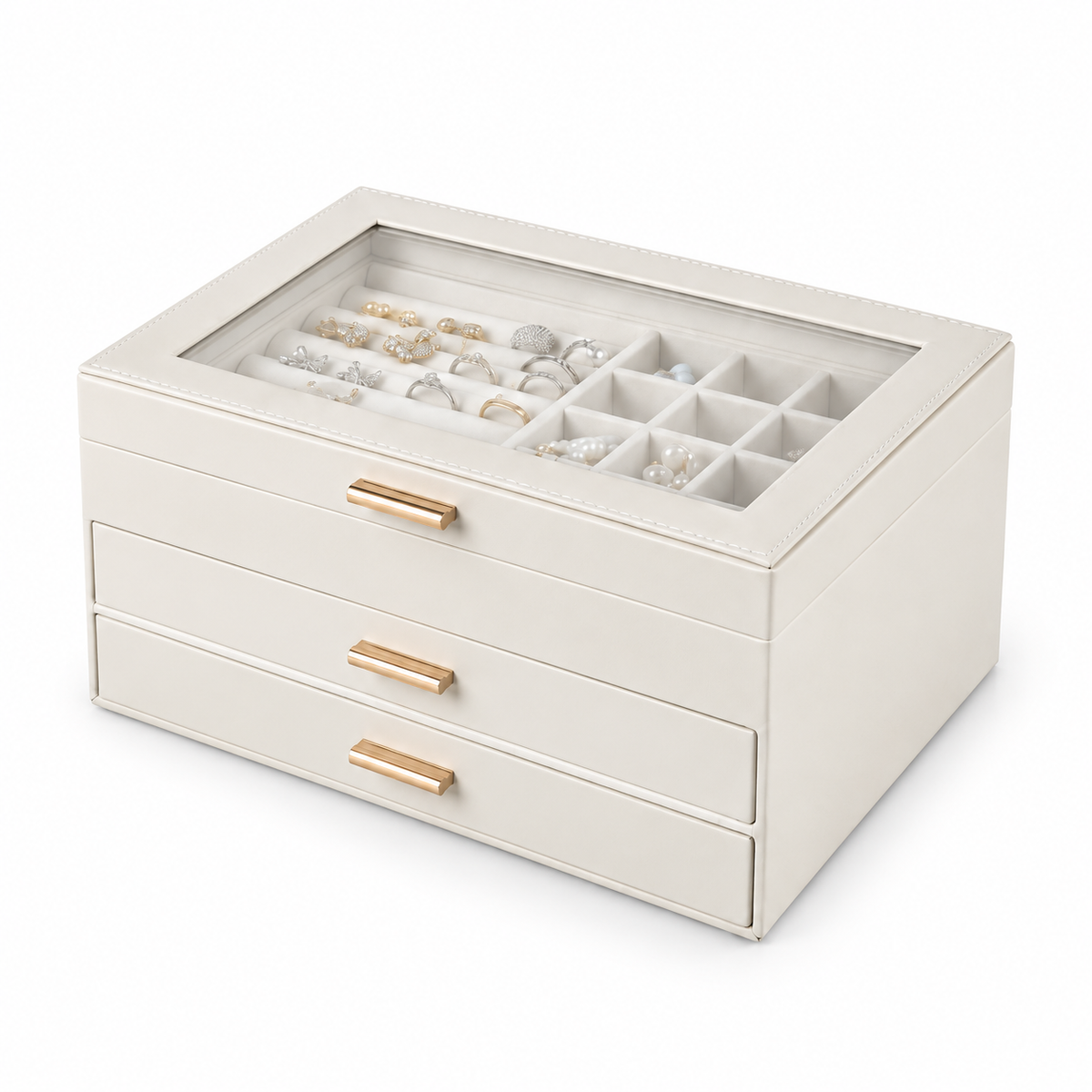 White PU jewelry box with drawers, clear closed lid and gold-tone handles
