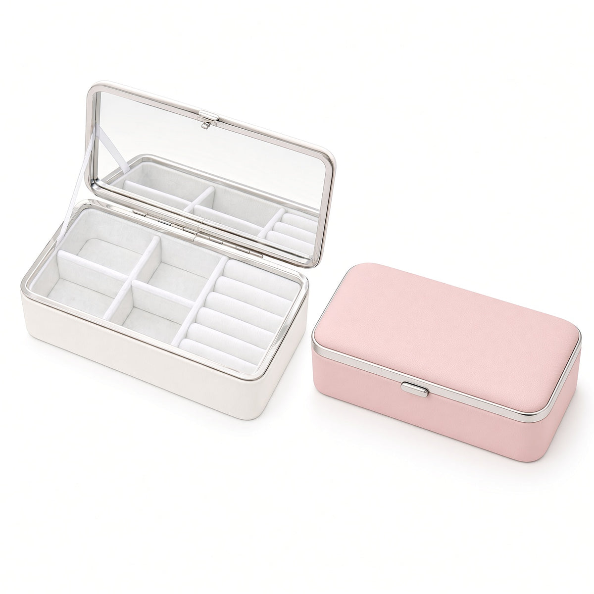 Travel jewelry box with open pearl white mirror style and closed pink box