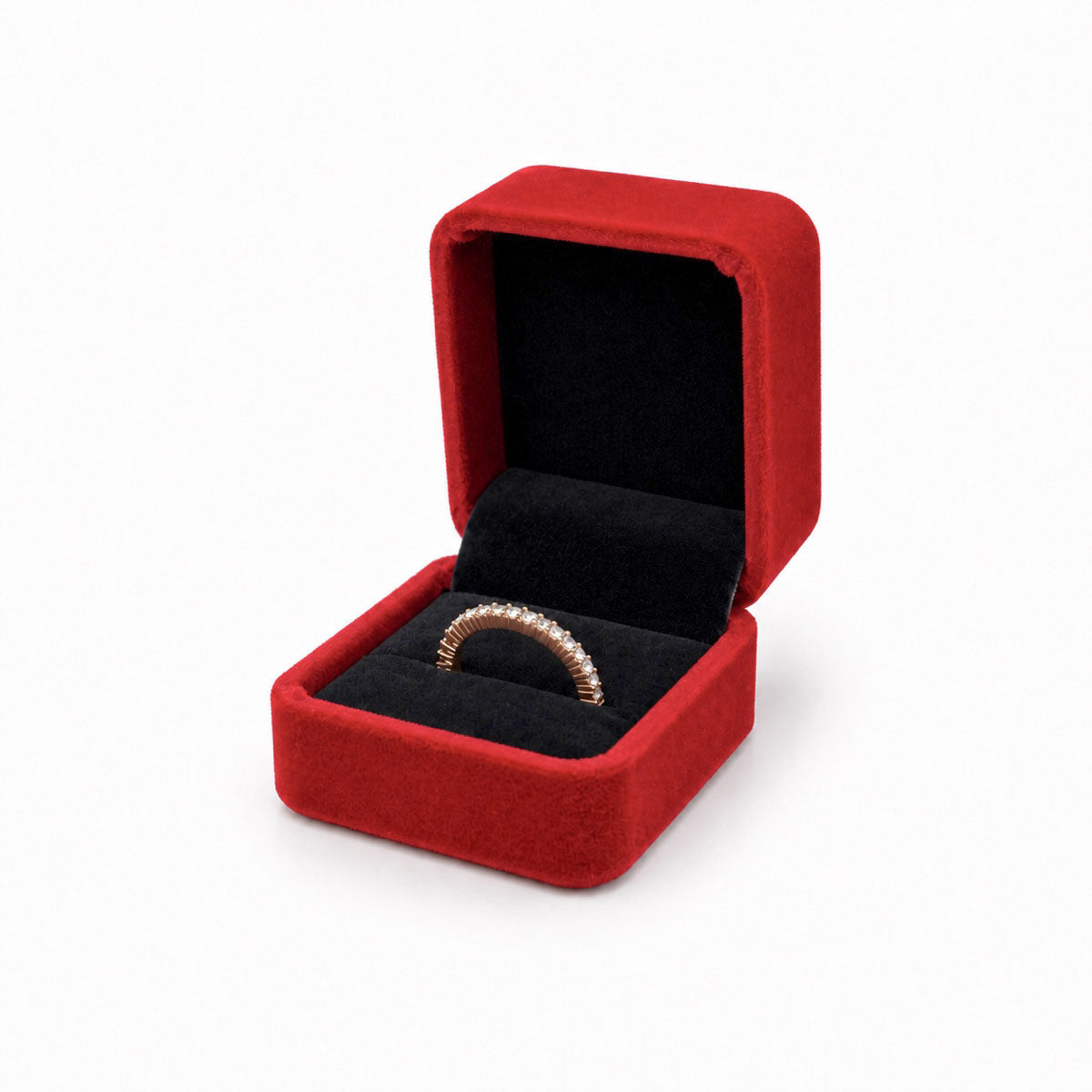 V37R-R red velvet ring jewelry box open with ring and visible black interior details