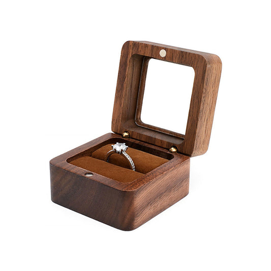 Clear Brown Wooden Velvet Ring Box Boxes - open ring box main view