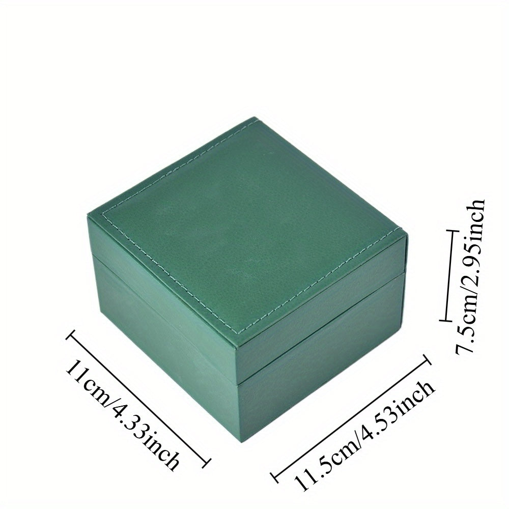 Green one-watch display case featuring a hinged lid and padded watch pillow.