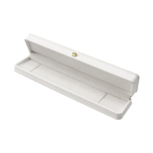Open white rounded bracelet box with an elongated padded interior and gold-tone lid ornament.