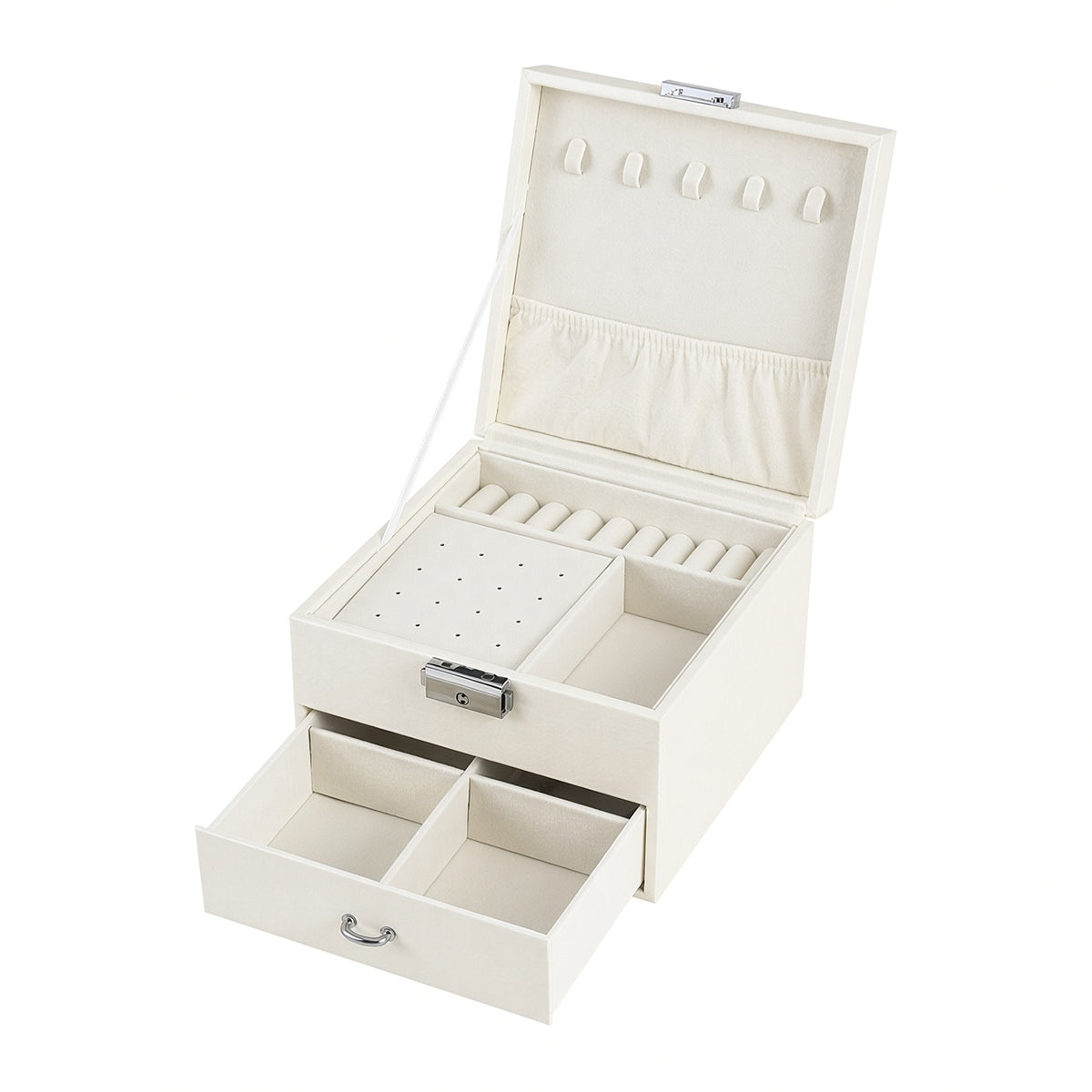 White jewelry storage box showing an empty earring panel and open drawer