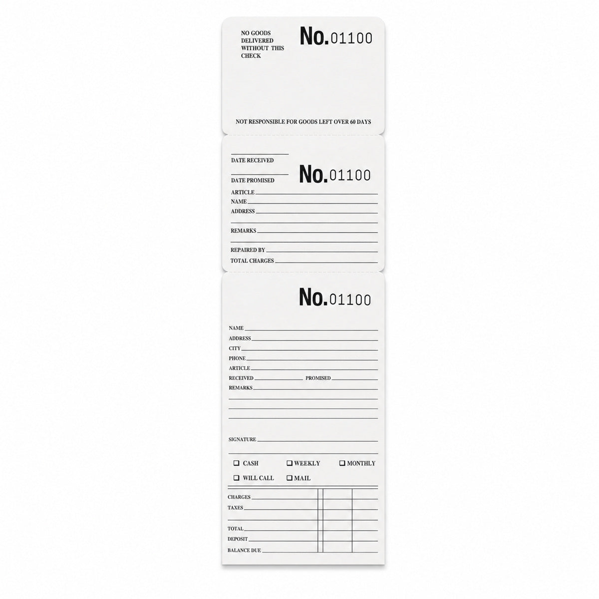 White repair and layaway envelope with numbered claim checks, front view